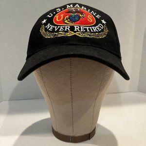 US Marine "Never Retired" Embroidered Black Hat Adjustable Preowned Clean